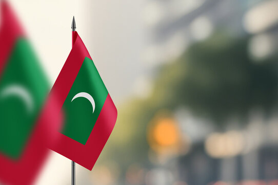 Small flags of Maldives on a blurred background