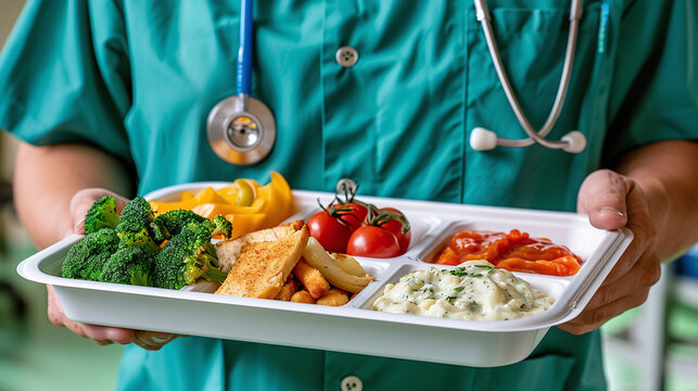 close-up photo of a doctor holding a hospital food tray, post surgery diet