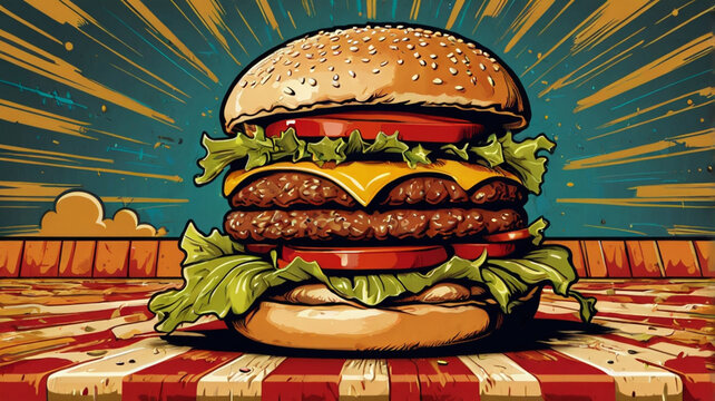 Attractive burger advertisement in vector and pop art style