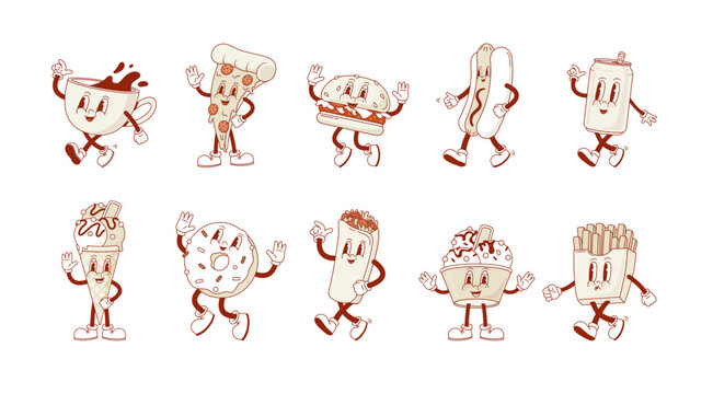 Set of retro cartoon fast food and drink character. Vintage pizza, hot dog, burger, ice crean, kebab, coffee cup, french fries donut, beer can mascot. Nostalgia 90s, 70s, 80s Vector illustration. 