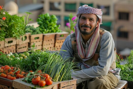 Smiling Farmer in Traditional Clothing Amidst a Lush Produce Display