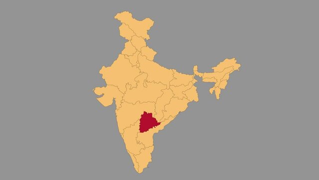 Telangana map animated video. Map Highlighted on the India map with animation and colour with Gray background in video format.