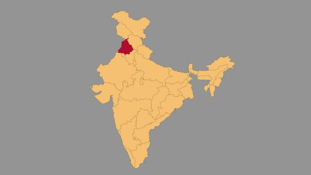 Panjab map animated video. Map Highlighted on the India map with animation and colour with Gray background in video format.