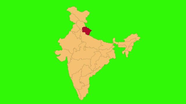 Uttarakhand map animated video. Map Highlighted on the India map with animation and colour with Green screen background in video format.