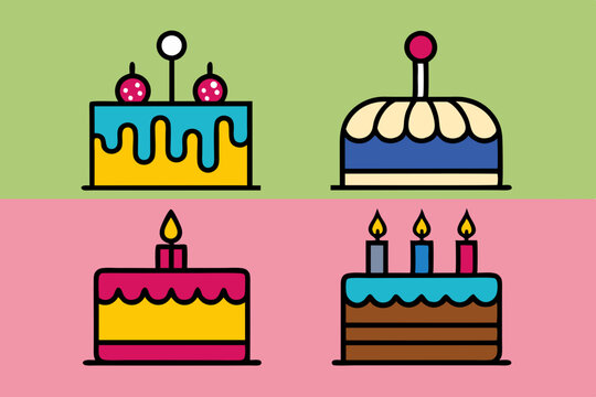 A collection of happy birthday cakes vector art illustration