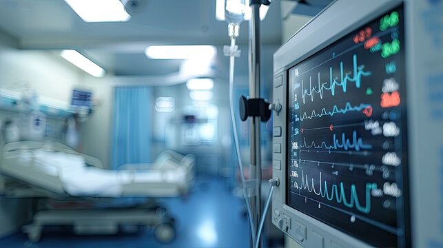 Heart rate monitor displaying vital signs in a hospital room