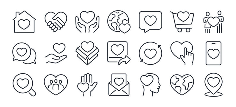 Heart, love, charity related editable stroke outline icons set isolated on white background flat vector illustration. Pixel perfect. 64 x 64.