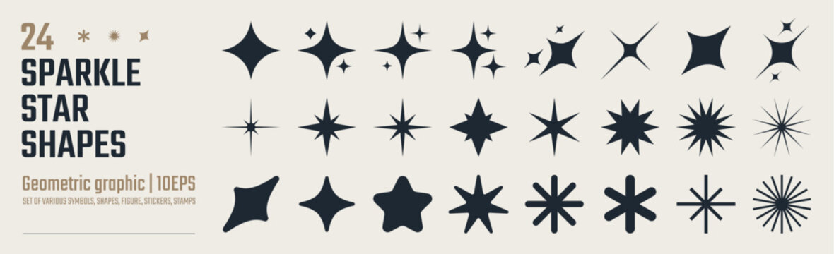 Collection of different vector sparkling stars icon, decorative twinkle and bursts forms, abstract shining flash symbols, glowing light effect, y2k style basic shapes geometric graphic elements