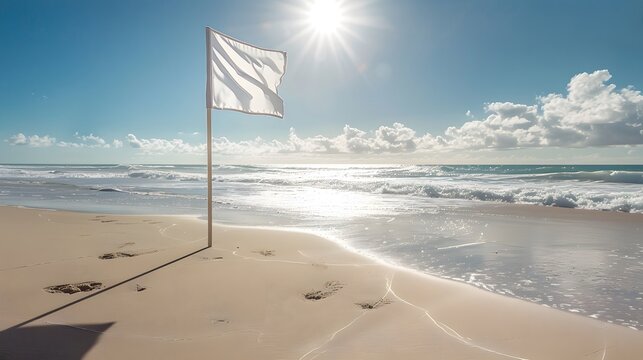 White Flag on a Beach A white flag planted in the sand