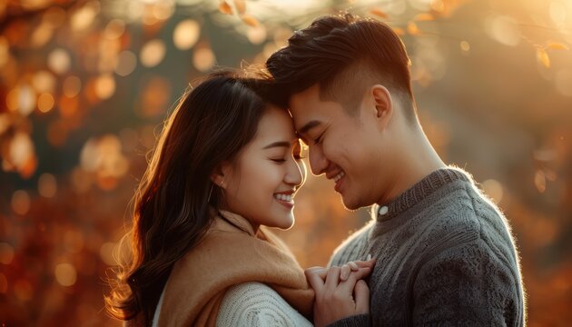 Romantic Couple in Love Forehead Touching, Golden Hour Sunlight, Fall Foliage, Autumn Leaves, Couple's Playful Interaction Perfect for a Photo, Love, Relationship, Togetherness, Happy, Smiling