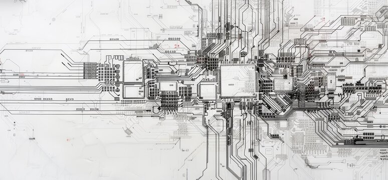 Abstract black and white background of technical circuit drawings