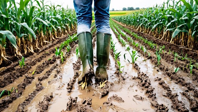 Low angle photography of a farmer man wearing olive green boots, walking through the muddy corn field after the water or river flood. Destroyed agricultural soil, damaged countryside crops or plants