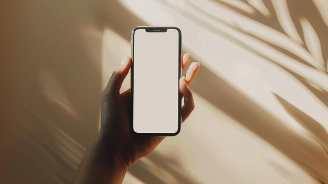 
a studio photo of a hand holding an iphone with green screen, A beige seamless background with a sunlight feel. photography