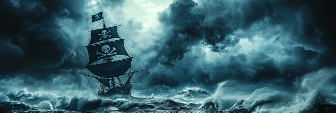 Thrilling Pirate Adventure Jolly Roger Flag on Ship Mast Amidst Stormy Seas and Dark Clouds