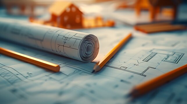 Close-up of architectural blueprints, house and apartment project, real estate concept. Generative AI.