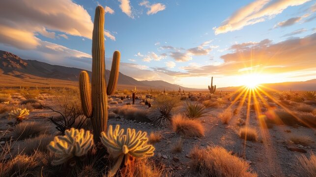 Cacti in a desert landscape are illuminated by a brilliant sunset, the scene emphasizing the stark beauty and rugged terrain typical of arid regions.