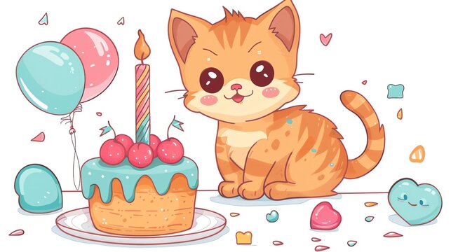 Create a vector clipart of a Happy birthday kitten with a cakein a kawaii style, simplified to feature fewer elements for a cleaner look, Use a color palette that is appealing to children, with bright