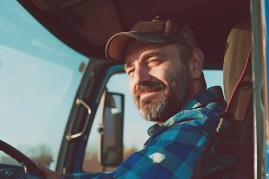 A man driving a semi-trailer truck with a beard and cap on. The photo has a grainy effect, possibly due to lighting conditions or post-processing.