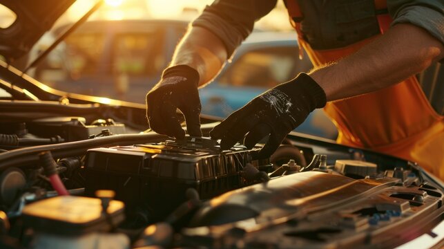 Car mechanic wearing black gloves putting the car battery under the open hood of an automobile vehicle near the motor engine part.