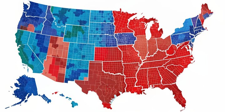 Vibrant, high-contrast map of the United States highlighting key electoral regions, counties, and voting districts for in-depth analysis and strategic planning purposes.