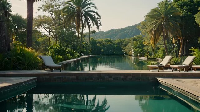 Video footage of outdoor swimming pool nestled in a serene setting. The water is calm, reflecting the lush surrounding nature.