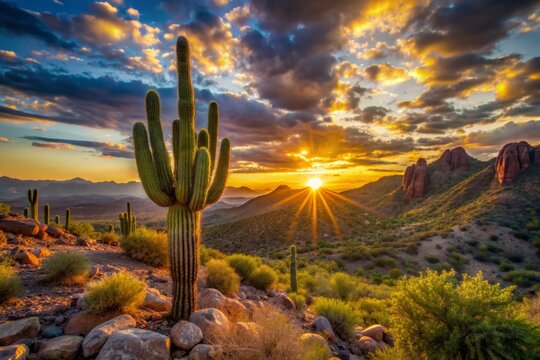 Vibrant sunset casts warm golden light on massive iconic saguaro cactus standing tall amidst rocky outcroppings and lush desert vegetation in Arizona landscape.