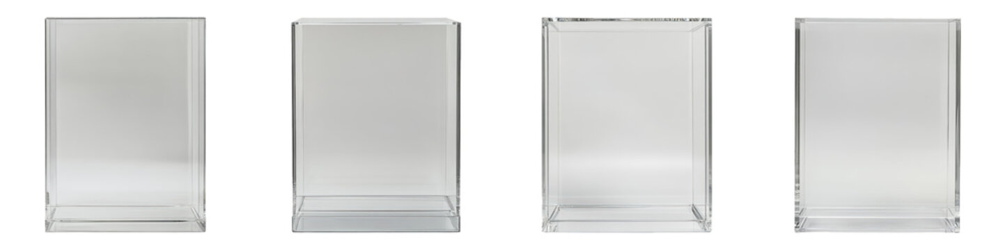 Collection of Clear Acrylic Display Case On White Background For Collectibles And Showcases isolated on transparent background. Generative ai