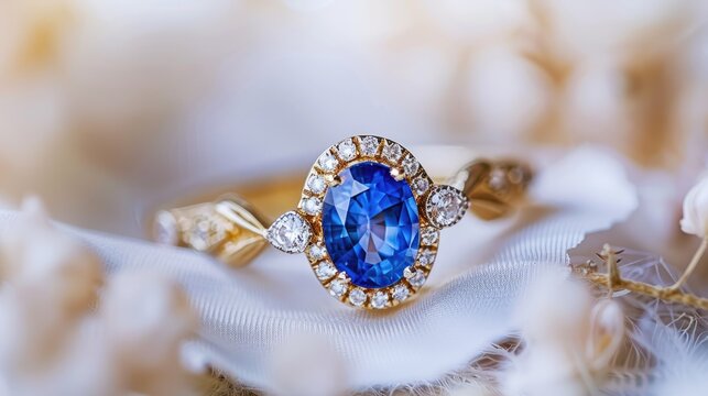 Detailed macro shot of a vintage engagement ring, showcasing a blue oval sapphire and delicate diamonds on a white backdrop.