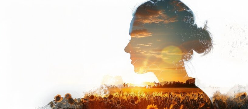 Double exposure photograph featuring an agronomists profile superimposed over a sunset and a field of sunflowers