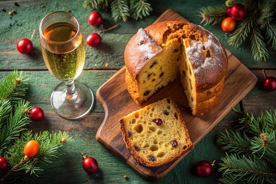 Panettone, traditional Italian Christmas sweets for winter holidays celebration. Christmas desert, festive dinner concept