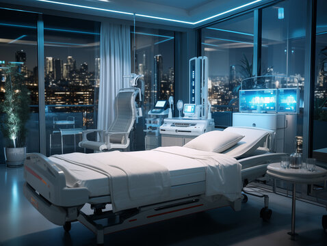 Innovative technology. Modern hospital room futuristic medical help. Patients health. No people. Empty emergency. Ai generation photography