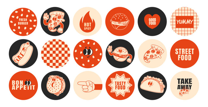 Fast food stickers. Cartoon patches with funny food characters. Groovy 60s cheerful mascots burger, yummy pizza, taco. Trendy comic stickers for cafe take away design project. Vector set.