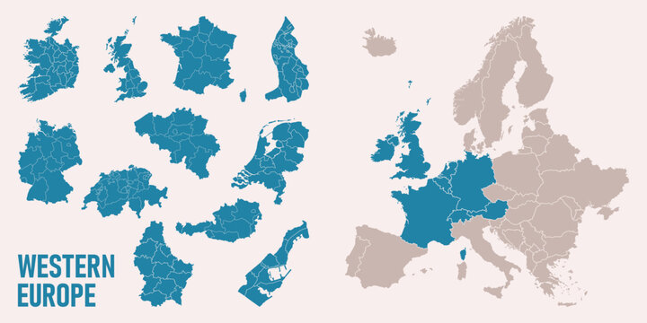 Western Europe map. Germany, Netherland, Belgium, Luxemburg, Austria, Switzerland, France, Monaco, Lieehtenstein, Ireland, Great Britain maps with regions. Europe map isolated on white background.