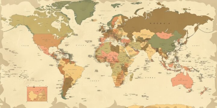 A map of the world with a vintage look. The map is drawn in a sepia tone and features a variety of colors