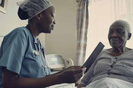 A woman in a white hat is talking to an elderly woman in a hospital bed. Scene is serious and caring