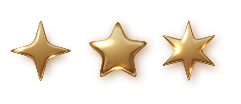 Golden star isolated. Christmas stars of various shapes. Realistic 3d metallic golden design element