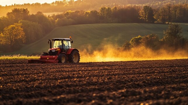 A farmer driving a tractor across a field at dawn, with the early morning light highlighting the plowed earth.