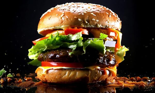 A delicious burger with sauce splashing and dripping all over it.