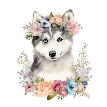 Spring floral dog watercolor illustration, spring clipart