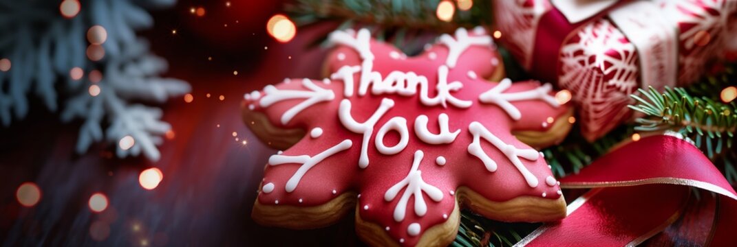 Vibrant red gingerbread cookie adorned with a 'Thank You' message, surrounded by festive decorations and glowing light bokeh.