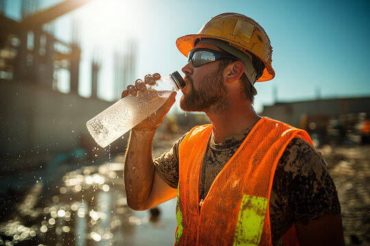 Construction workers drinking water in the hot weather
