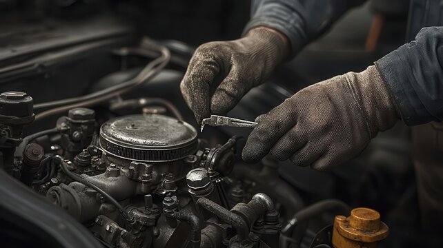 Close-up of a mechanic s hands repairing a vintage car engine, detailed textures, realistic oil stains, photo realistic, dependable craftsmanship