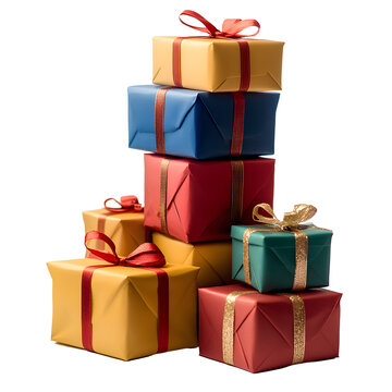 A stack of colorful presents with red bows on top