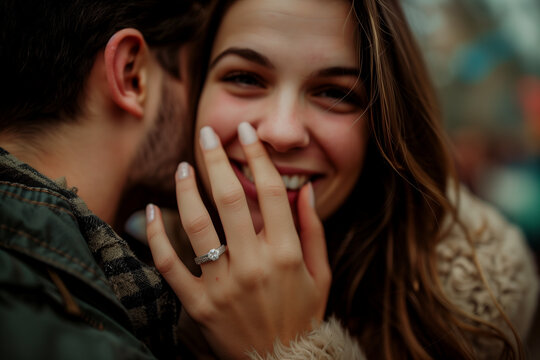 Close up photo of a smiling woman hugging a man and showing off her engagement ring. Engaged couple in love.