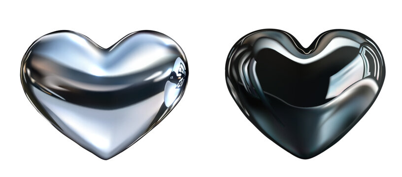 3D glossy holographic chrome heart. Set of isolated elements in heart shape. Y2K style shiny metallic element. Vector illustration