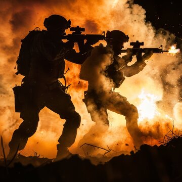 Silhouettes of two army soldiers, U.S. marines team in action, surrounded fire and smoke, shooting with assault rifle and machine gun, attacking enemy with suppressive gunfire during offensive mission