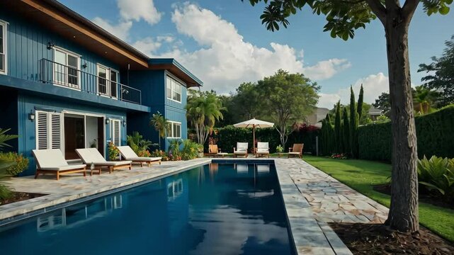 Video footage of  outdoor residential setting featuring a large blue swimming pool in the foreground, which reflects the clear sky and surroundings