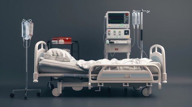 photograph of A hospital bed with a medical kit next to it and life-saving equipment installed on the side