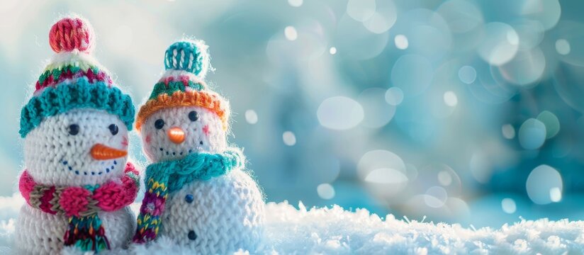 Cute knitted snowman figures dressed in colorful scarves and hats, set against a tranquil, snowy winter backdrop. Perfect for holiday decor, cozy winter scenes, and craft inspiration.