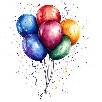 A birthday streamer and balloon clipart, party decor, hand-drawn style, with vibrant colors, isolated on white background